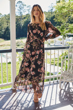 Load image into Gallery viewer, Kinsley Floral Print Black/Pink Long Sleeve Evening Dress