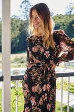 Load image into Gallery viewer, Kinsley Floral Print Black/Pink Long Sleeve Evening Dress