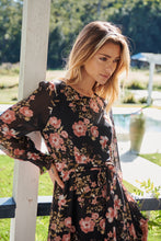 Load image into Gallery viewer, Kinsley Floral Print Black/Pink Long Sleeve Evening Dress