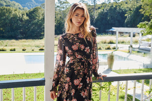 Kinsley Floral Print Black/Pink Long Sleeve Evening Dress