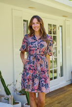 Load image into Gallery viewer, Amanda Navy/Maroon/Brown Floral Print Bell Sleeve Collared Dress