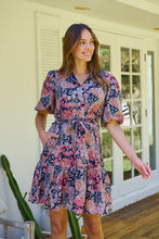 Load image into Gallery viewer, Amanda Navy/Maroon/Brown Floral Print Bell Sleeve Collared Dress