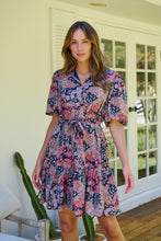 Load image into Gallery viewer, Amanda Navy/Maroon/Brown Floral Print Bell Sleeve Collared Dress