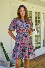 Load image into Gallery viewer, Amanda Navy/Maroon/Brown Floral Print Bell Sleeve Collared Dress