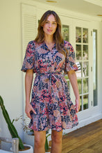 Load image into Gallery viewer, Amanda Navy/Maroon/Brown Floral Print Bell Sleeve Collared Dress