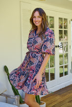 Load image into Gallery viewer, Amanda Navy/Maroon/Brown Floral Print Bell Sleeve Collared Dress