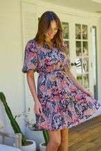 Load image into Gallery viewer, Amanda Navy/Maroon/Brown Floral Print Bell Sleeve Collared Dress