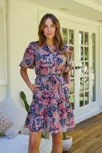 Load image into Gallery viewer, Amanda Navy/Maroon/Brown Floral Print Bell Sleeve Collared Dress