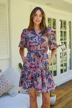 Load image into Gallery viewer, Amanda Navy/Maroon/Brown Floral Print Bell Sleeve Collared Dress