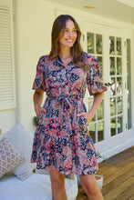 Load image into Gallery viewer, Amanda Navy/Maroon/Brown Floral Print Bell Sleeve Collared Dress