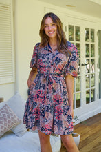 Load image into Gallery viewer, Amanda Navy/Maroon/Brown Floral Print Bell Sleeve Collared Dress
