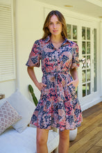 Load image into Gallery viewer, Amanda Navy/Maroon/Brown Floral Print Bell Sleeve Collared Dress