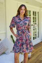 Load image into Gallery viewer, Amanda Navy/Maroon/Brown Floral Print Bell Sleeve Collared Dress