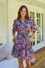 Load image into Gallery viewer, Amanda Navy/Maroon/Brown Floral Print Bell Sleeve Collared Dress