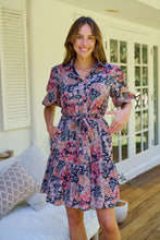 Load image into Gallery viewer, Amanda Navy/Maroon/Brown Floral Print Bell Sleeve Collared Dress