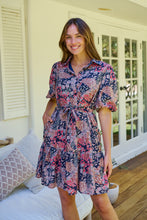 Load image into Gallery viewer, Amanda Navy/Maroon/Brown Floral Print Bell Sleeve Collared Dress