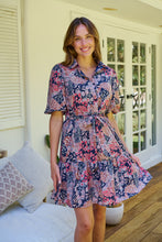 Load image into Gallery viewer, Amanda Navy/Maroon/Brown Floral Print Bell Sleeve Collared Dress