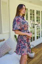 Load image into Gallery viewer, Amanda Navy/Maroon/Brown Floral Print Bell Sleeve Collared Dress