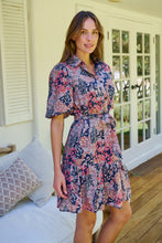 Load image into Gallery viewer, Amanda Navy/Maroon/Brown Floral Print Bell Sleeve Collared Dress