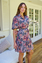 Load image into Gallery viewer, Amanda Navy/Maroon/Brown Floral Print Bell Sleeve Collared Dress