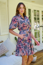 Load image into Gallery viewer, Amanda Navy/Maroon/Brown Floral Print Bell Sleeve Collared Dress