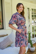 Load image into Gallery viewer, Amanda Navy/Maroon/Brown Floral Print Bell Sleeve Collared Dress