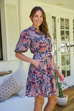 Load image into Gallery viewer, Amanda Navy/Maroon/Brown Floral Print Bell Sleeve Collared Dress