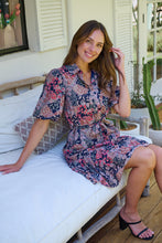 Load image into Gallery viewer, Amanda Navy/Maroon/Brown Floral Print Bell Sleeve Collared Dress