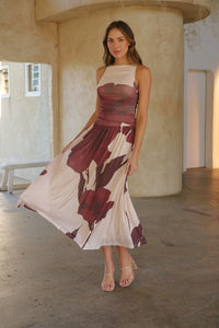 Basille Sleeveless Beige/Brown Print Mesh Evening Dress