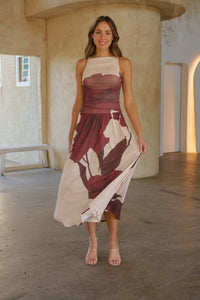 Basille Sleeveless Beige/Brown Print Mesh Evening Dress