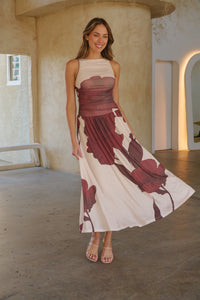 Basille Sleeveless Beige/Brown Print Mesh Evening Dress