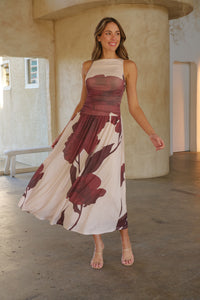 Basille Sleeveless Beige/Brown Print Mesh Evening Dress
