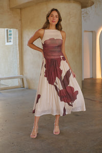 Basille Sleeveless Beige/Brown Print Mesh Evening Dress