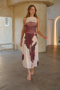 Basille Sleeveless Beige/Brown Print Mesh Evening Dress