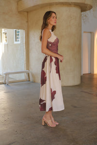 Basille Sleeveless Beige/Brown Print Mesh Evening Dress