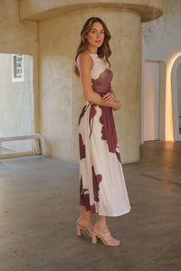 Basille Sleeveless Beige/Brown Print Mesh Evening Dress