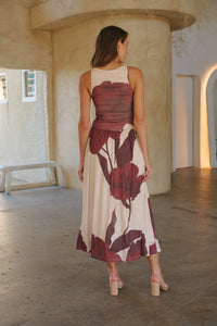 Basille Sleeveless Beige/Brown Print Mesh Evening Dress