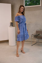 Load image into Gallery viewer, Bastille Blue/White Print Off Shoulder Dress