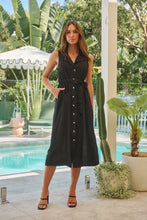Load image into Gallery viewer, Elowene Sleeveless Collared Black Star Button Midi Dress