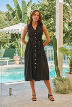 Load image into Gallery viewer, Elowene Sleeveless Collared Black Star Button Midi Dress