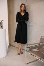 Load image into Gallery viewer, Parker Black Long Sleeve Pleated Knit Midi Dress