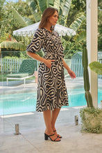 Load image into Gallery viewer, Georgie Black/White Print Belle Sleeve Button Front Midi Dress
