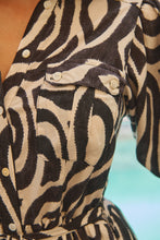 Load image into Gallery viewer, Georgie Black/White Print Belle Sleeve Button Front Midi Dress