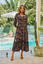 Load image into Gallery viewer, Augustina Long Sleeve Button Front Navy/Cream Print Maxi Dress