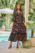 Load image into Gallery viewer, Augustina Long Sleeve Button Front Navy/Cream Print Maxi Dress