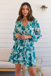 Lara Chiffon Teal/ Green Floral Evening Dress