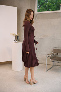 Parker Brown Long Sleeve Pleated Knit Midi Dress