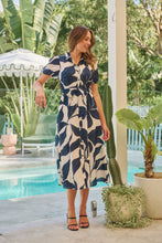 Load image into Gallery viewer, Bellatino White/Navy Blue Print Cap Sleeve Tie Waist Midi Dress