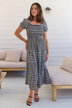 Load image into Gallery viewer, Quinn Black/White Gingham Shirred Bust Tiered Maxi Dress