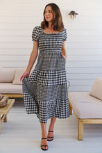 Load image into Gallery viewer, Quinn Black/White Gingham Shirred Bust Tiered Maxi Dress